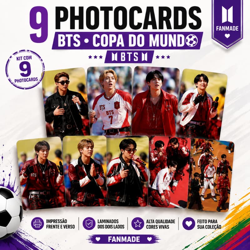 Kit 9 Photocards BTS Copa do Mundo Fanmade | Frente e Verso | Laminados dos Dois Lados | Cards para Colecionar