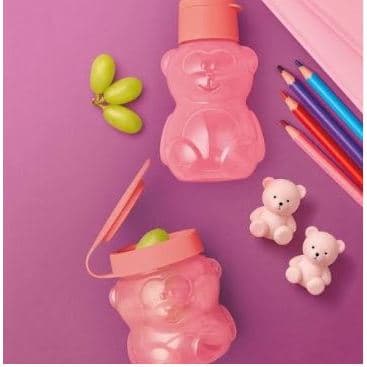 Kit Garrafa Tupperware Original Eco Kids 350ml + Tupper Pote Urso 300ml Rosa Coral
