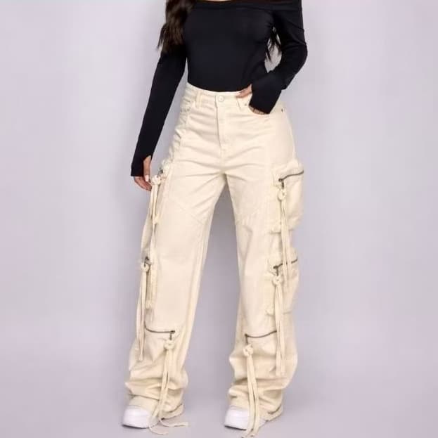 CALÇA CARGO FEMININA WIDE LEG COM BOLSOS, ZÍPER E AMARRAÇÕES