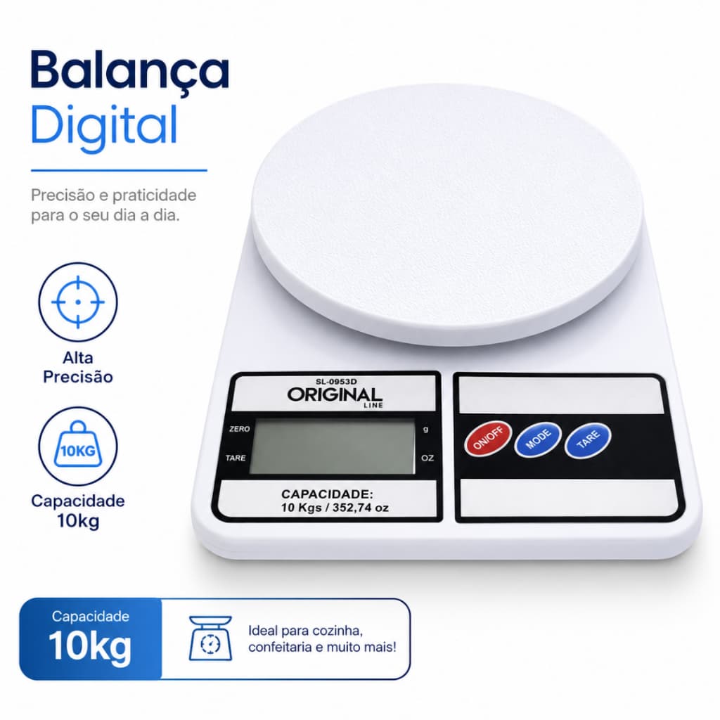 Balança Digital de Cozinha 10kg Original Line SL0363D Tara Display LCD para Alimentos e Receitas