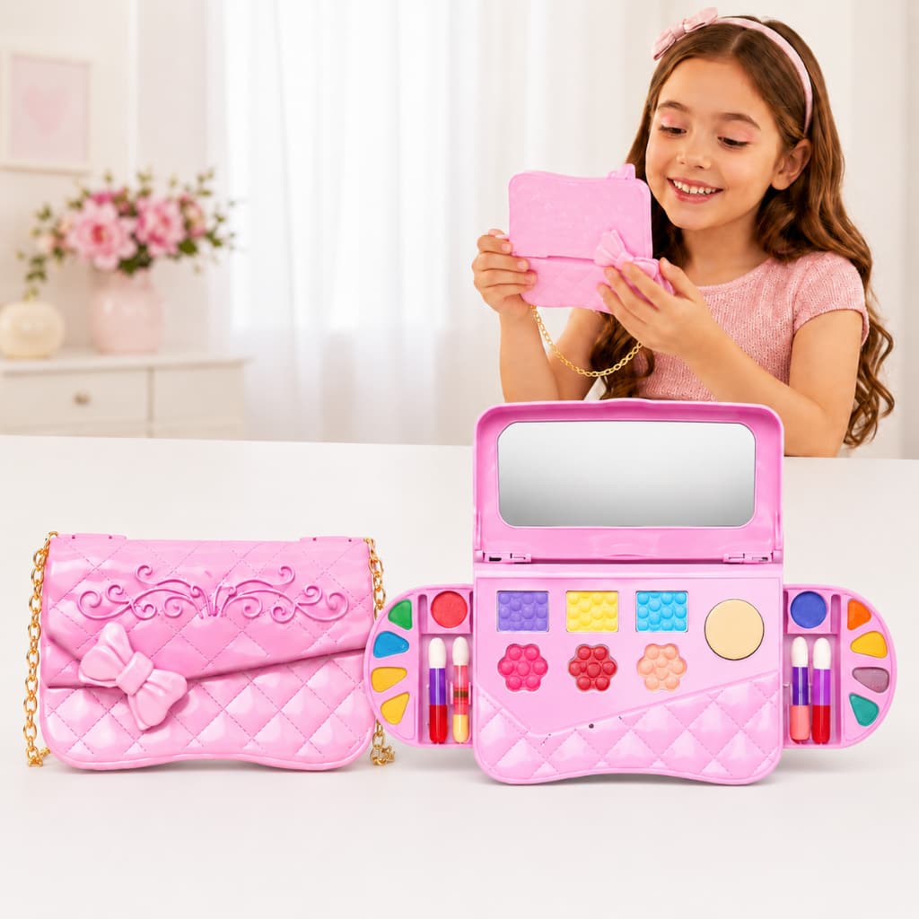 Kit Estojo Maquiagem Infantil Bolsa Princesa Com Espelho Rosa Completa Menina Completo