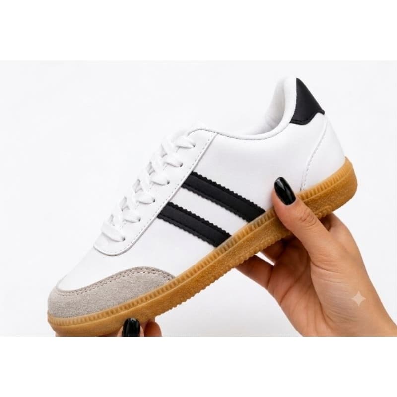 Tênis Feminino Casual Sola Alta Recortes Off-White e Caramelo Confortável Blogueira Tênis Plataforma
