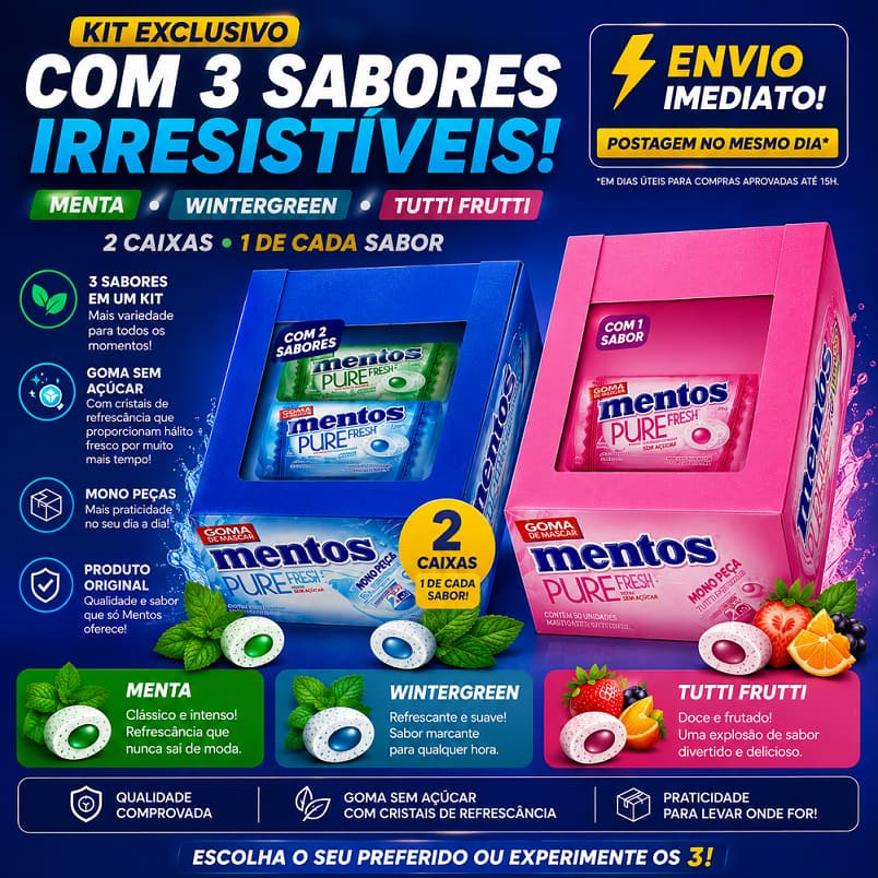 Kit 2 Caixas Chiclete Mentos Refrescante  Pure Fresh Menta WinterGreen e Tutti Frutti Com 120 Peças 3 Sabores