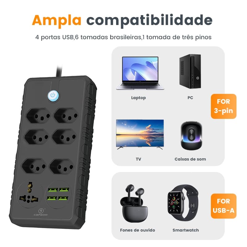 Uma extensão elétrica de 3 metros com uma tomada de 11 pinos.