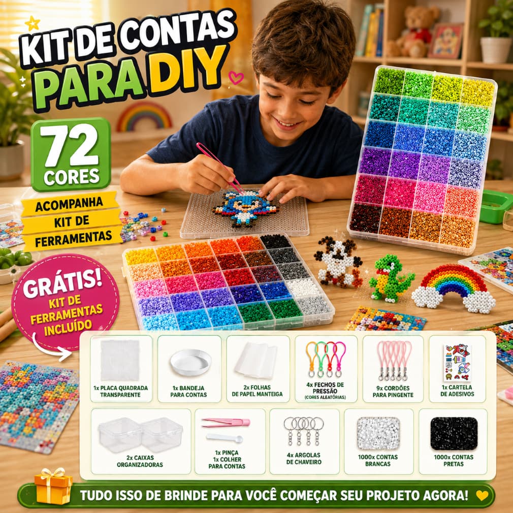 Kit Perler Beads 72 Cores Criativo com 30.000 Peças, Caixa e Ferramentas DIY