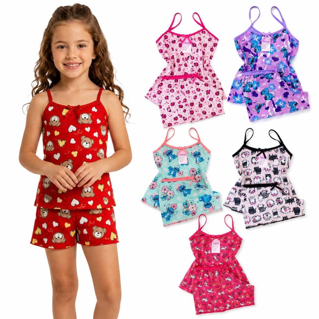 Kit 5 Pijama Infantil Menina Estampados Personagens Divertidos Stitch Short Doll Meninas Verão Pijama de Criança