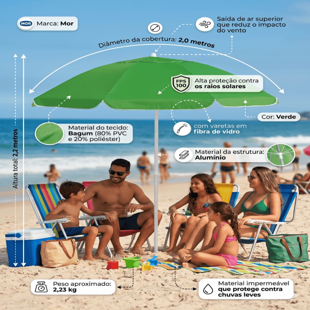 Guarda Sol Para Praia Piscina Verde Grande Portatil 2m de Cobertura Impermeavel Piqueniques Mor