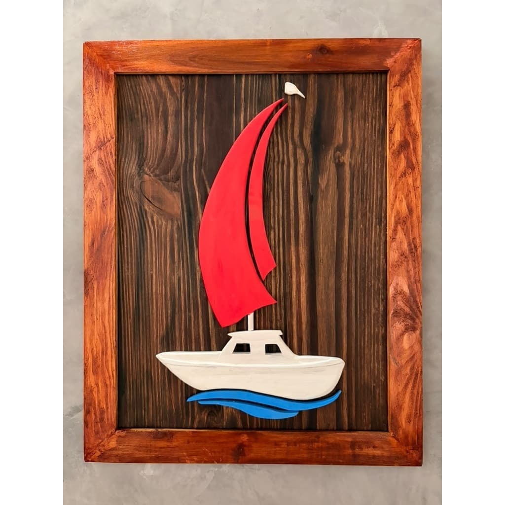quadro com relevo artesanal veleiro em madeira 65 x 52