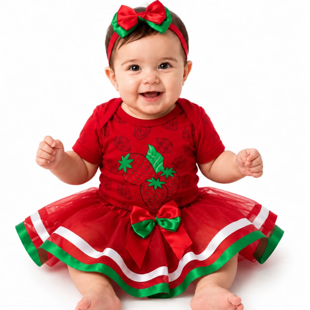 Body Bebe Temático Mesversario de Frutinha -  Fantasia de Morango em Suedine 100% algodão