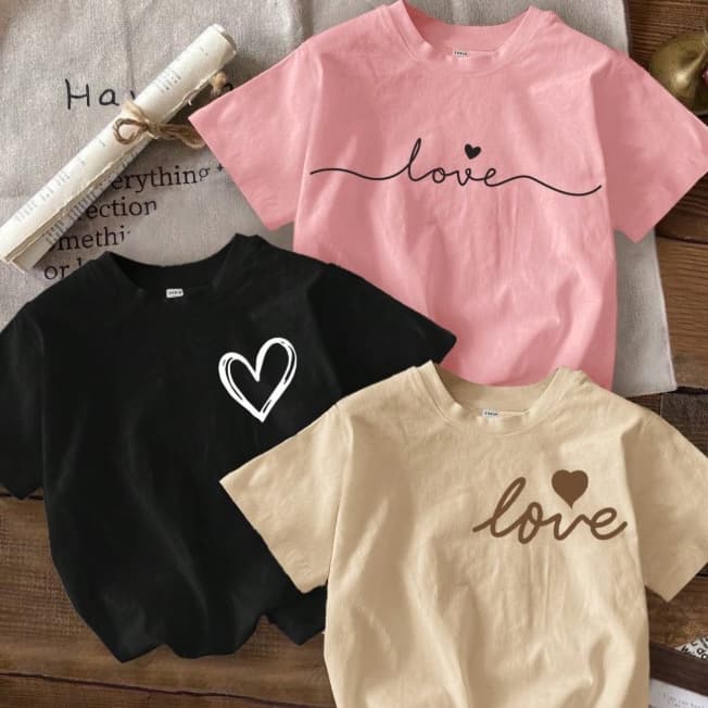 Kit 3 Camiseta Infantil Menina Blusa Algodão Love Coração Blusinha Casual Escolar Confortável Barato