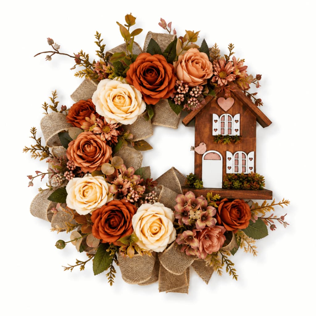 Guirlanda de Flores com Casinha de Porta Decoração Floral Artesanal Outonadas