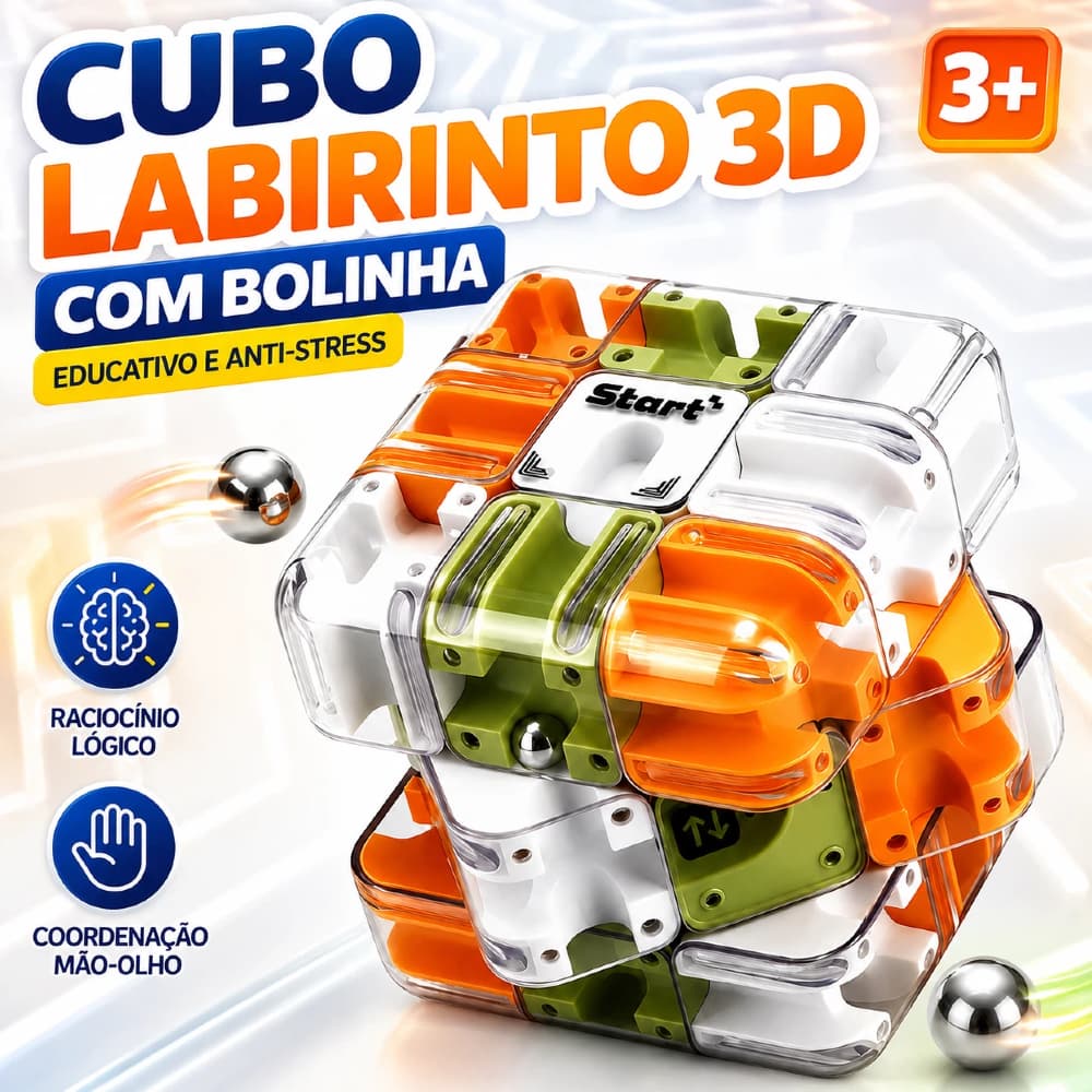 Cubo Mágico 3x3 Labirinto com Bolinha 3D - Brinquedo Educativo Lógico Anti-Stress Infantil e Família