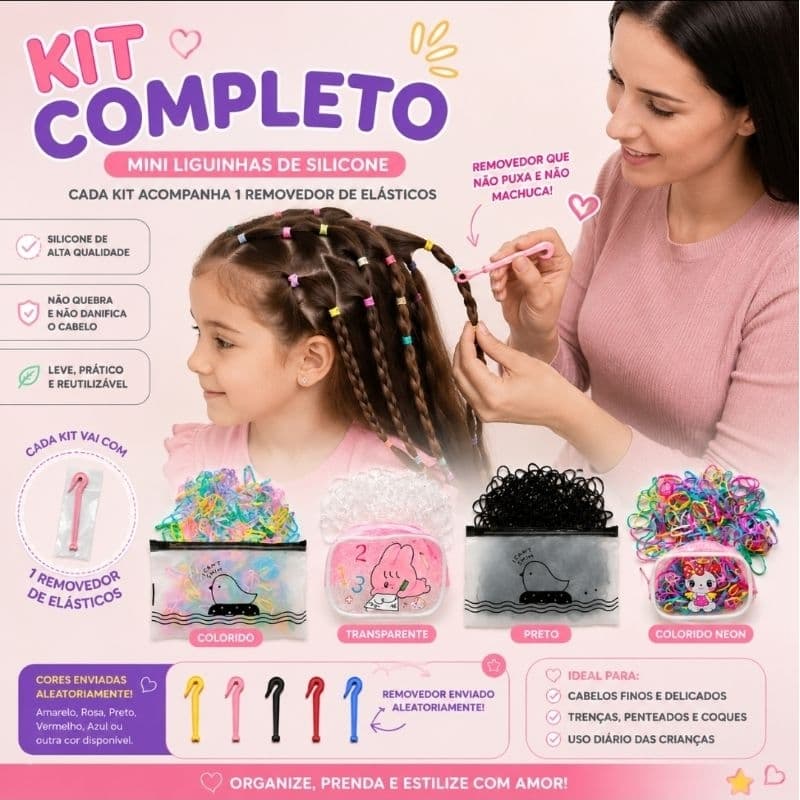 Kit Mini Liguinhas de Silicone para Cabelo com Estojo e Removedor de Elásticos