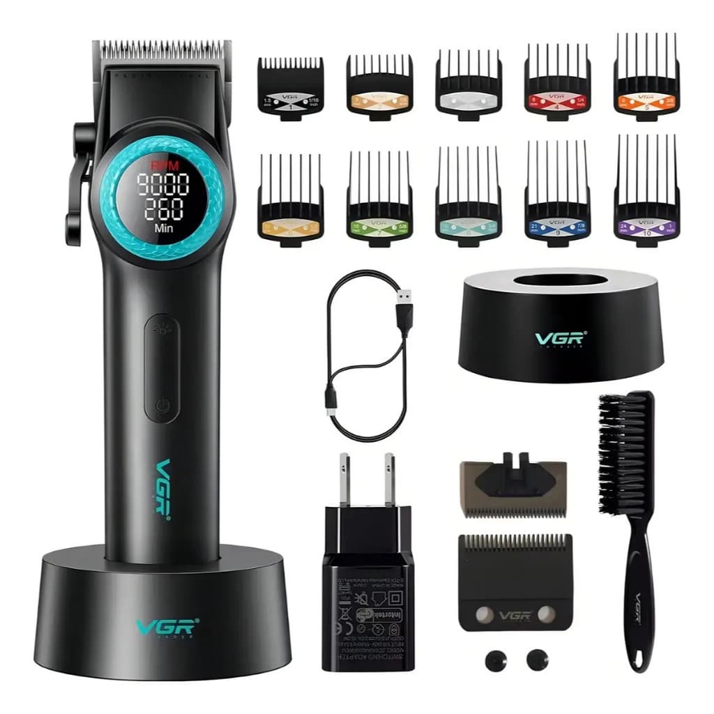 Maquina de Cortar Cabelo VGR Sem Fio Profissional 6 pentes e Luz led