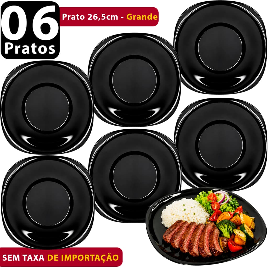 Kit Jogo 06 Pratos raso Quadrado Preto Opaline Liso de Vidro Temperado 26,5cm Elegante Cozinha des