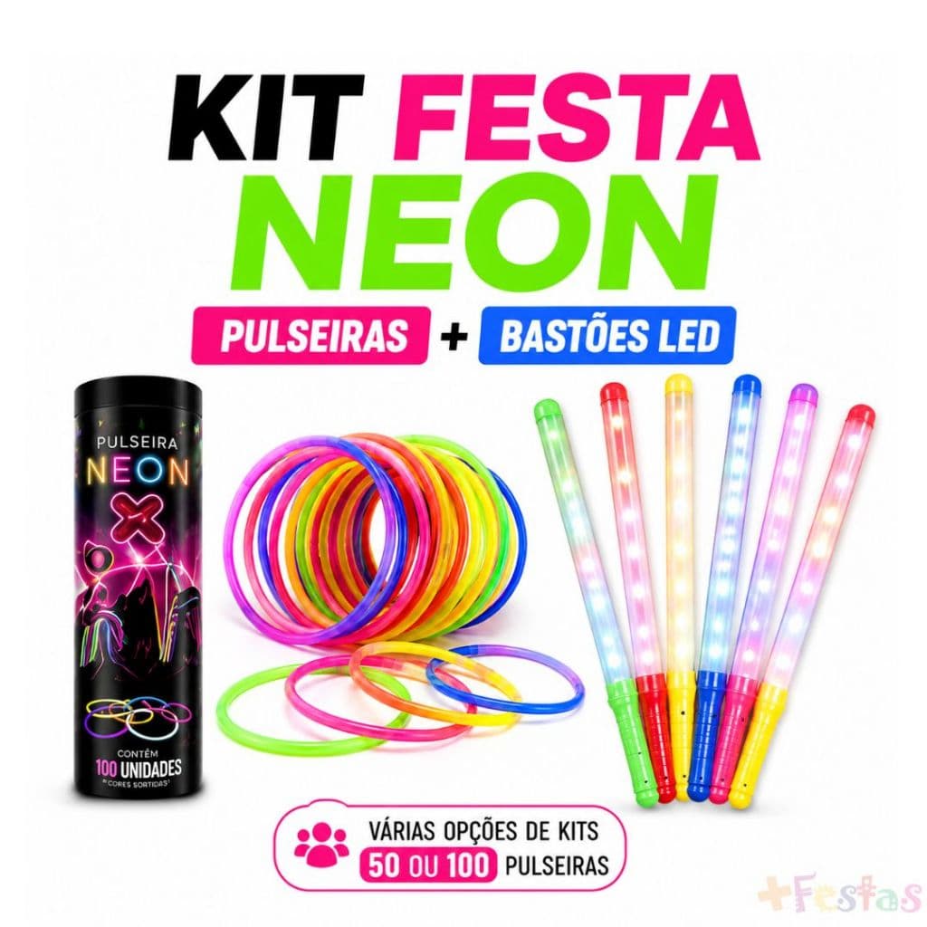 Kit Neon para Festa Neon e Balada 50 Pulseiras Neon + até 10 Bastões LED 46cm