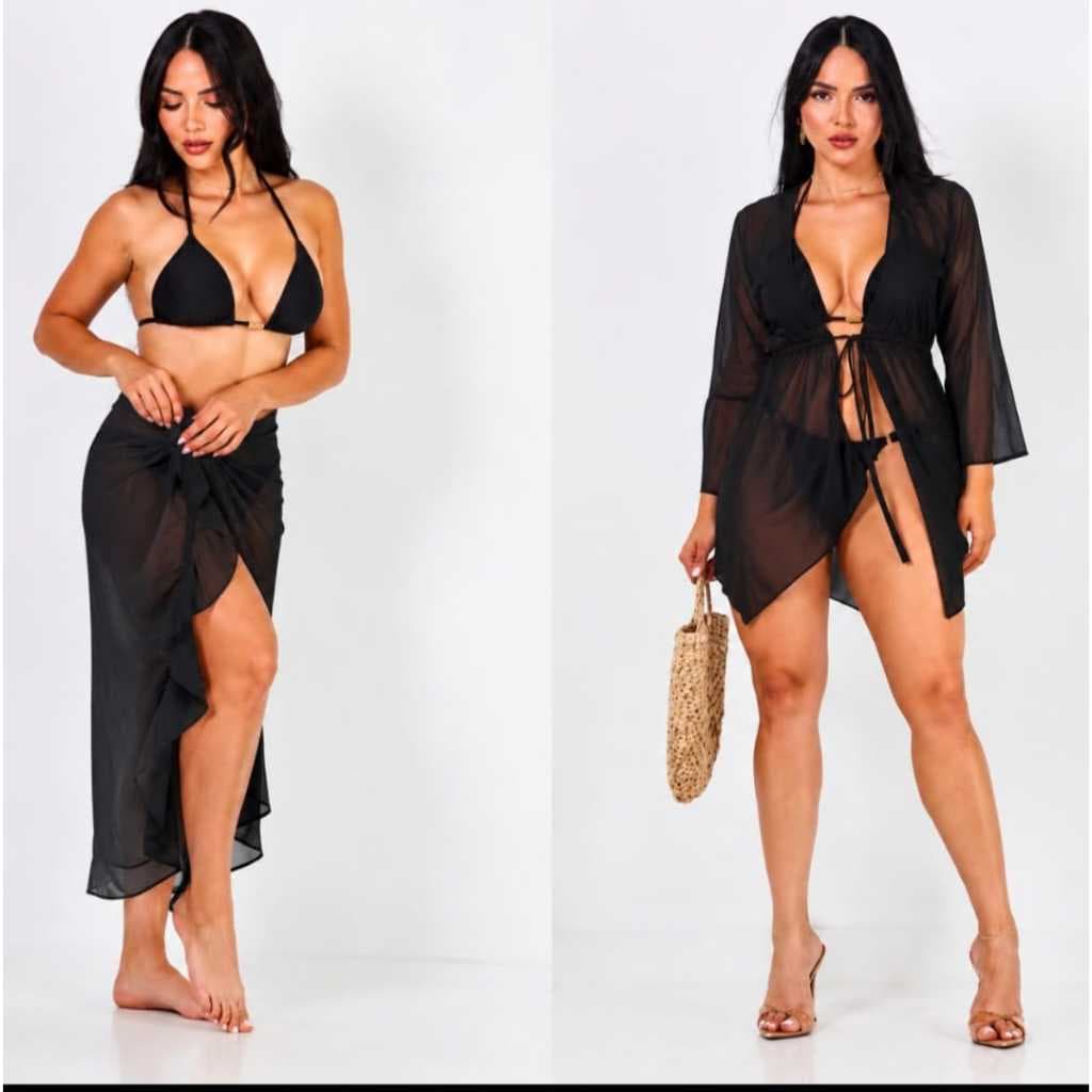 Kit Praia Feminino Kimono Bico + Saia Pareô 2 Peças Verão