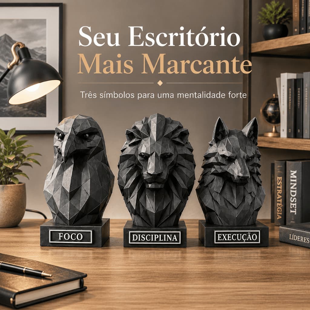 Kit 3 Esculturas Leão Águia Lobo 15cm Foco Disciplina Execução Decoração Escritório