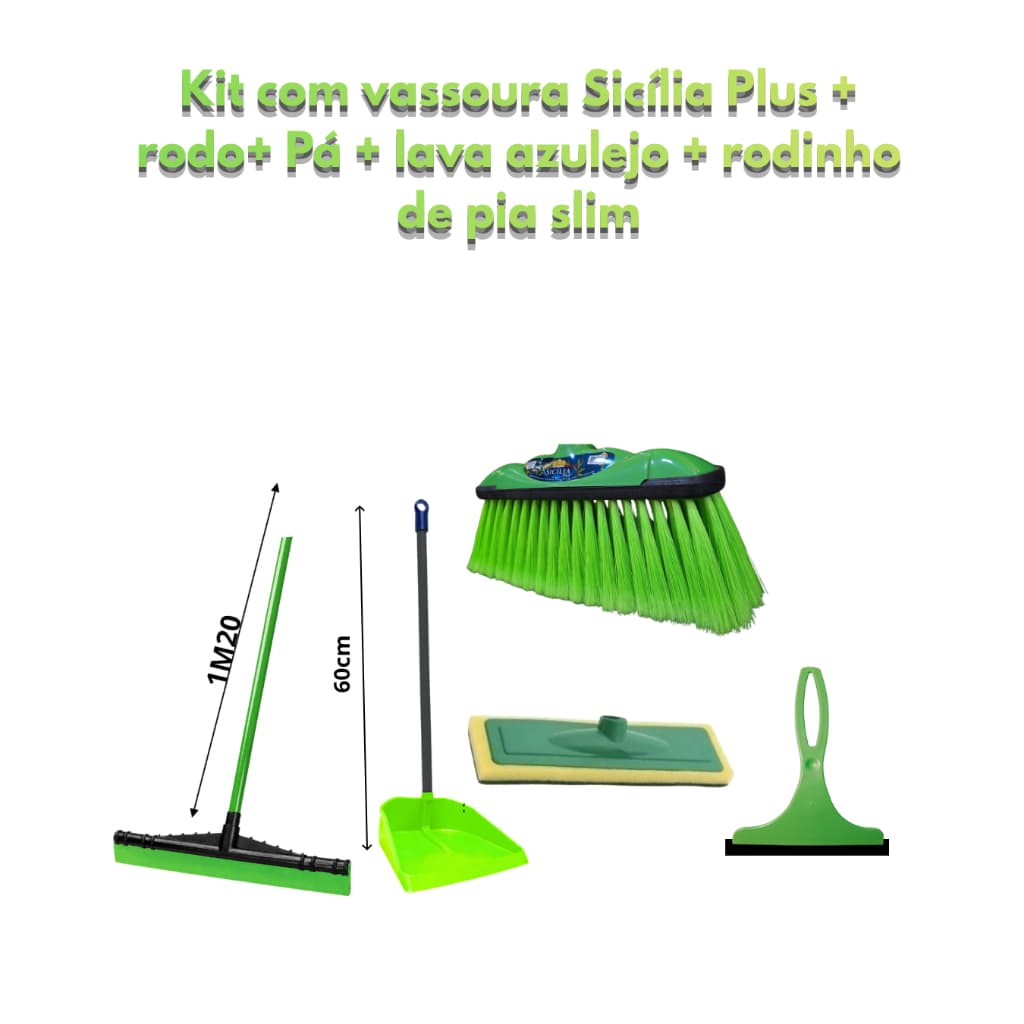 Vassoura Sicília Plus, Rodo 60cm, Rodinho de pia slim, Lava azulejo, Pá longa - com canos listrados