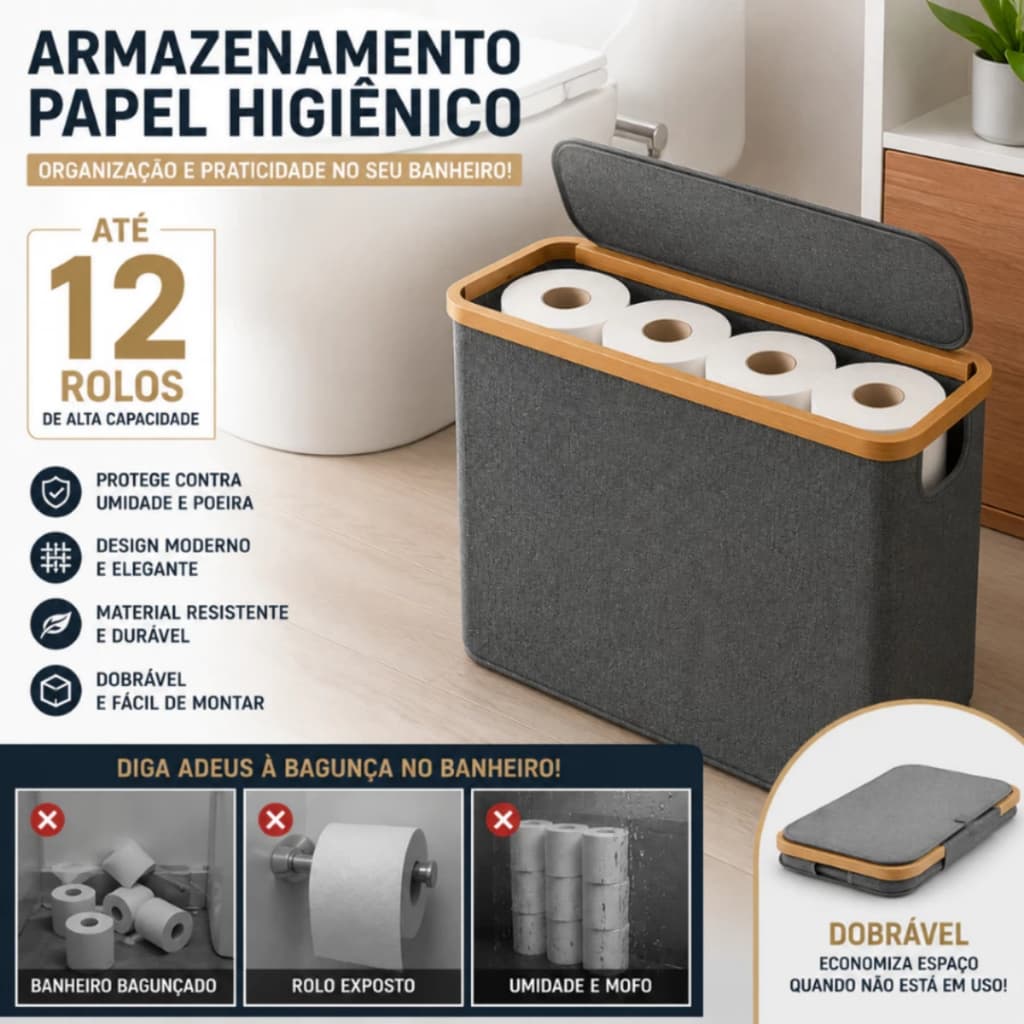 Suporte Cesto De Papel Higiênico De Bambu Com Tampa Para Armazenamento De Armário De Banheiro/Roupas