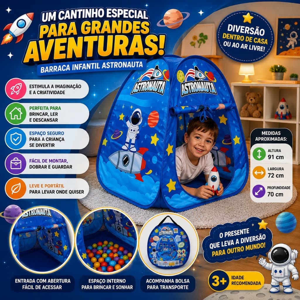 Barraca Infantil Astronauta Dobrável e Fácil de Montar