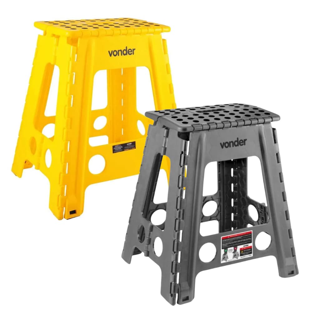 Banco Banqueta Dobrável Banquinho Cinza Amarelo 150kg Portátil 45cm Vonder Antiderrapante