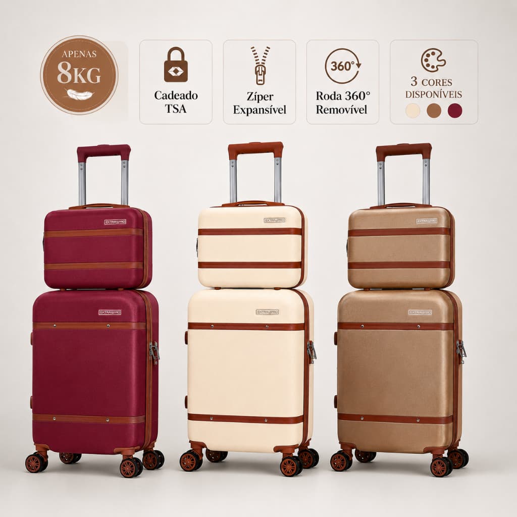 Mala de Bordo + Frasqueira 8kg Cadeado TSA Zíper Expansível Roda 360º Removível