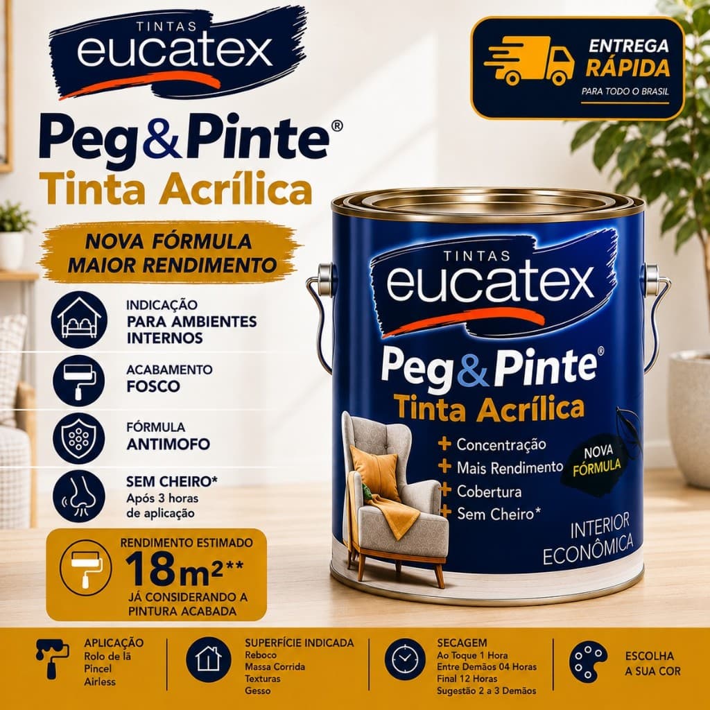 Tinta Acrílica Eucatex Peg & Pinte 3,6L Diversas Cores Alta Cobertura