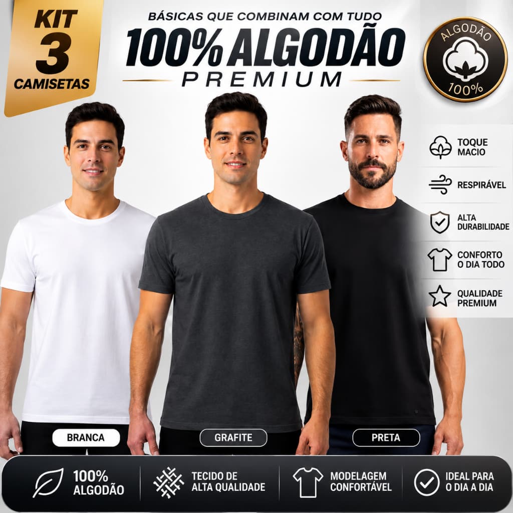 Kit 3 Camisetas Básicas 100% Algodão Lisa Premium Unissex Várias Cores