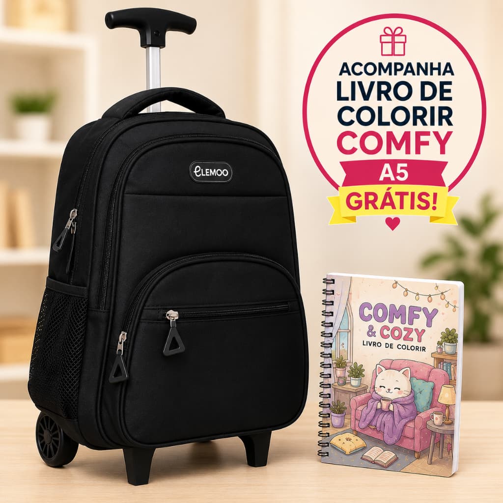 Mochila Escolar de Rodinhas Juvenil  Resistente + Livro de Colorir