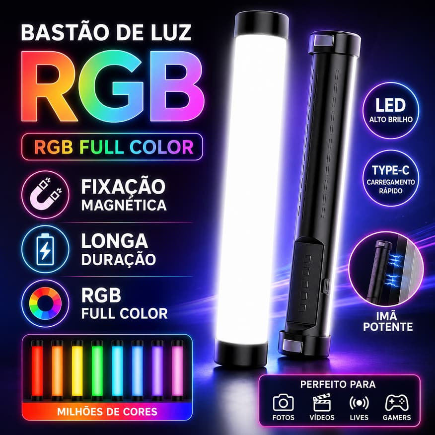 Iluminador Bastão Tubo LED RGB Magnético IP67 à Prova de Chuva Recarregável USB-C para Live Foto e Vídeo