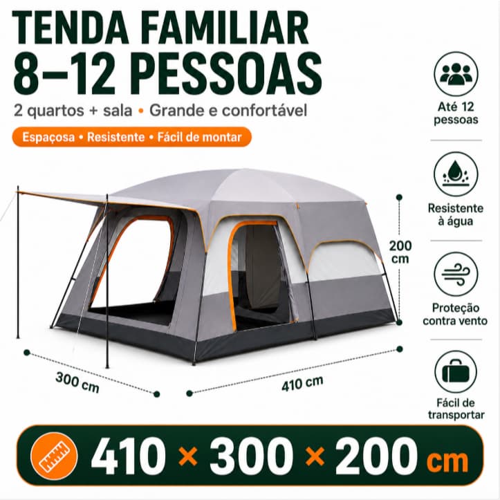 Barraca 8-12 Pessoas para Camping 2 Quartos e Sala 410x300x200cm