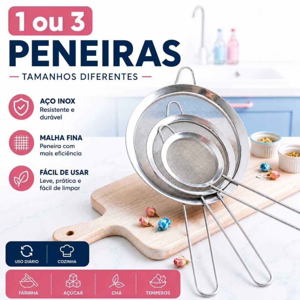 Peneira de Aço Inoxidável Coador para Cozinha Peneiras Massas Tamanhos 8,10,12,14 e 16cm