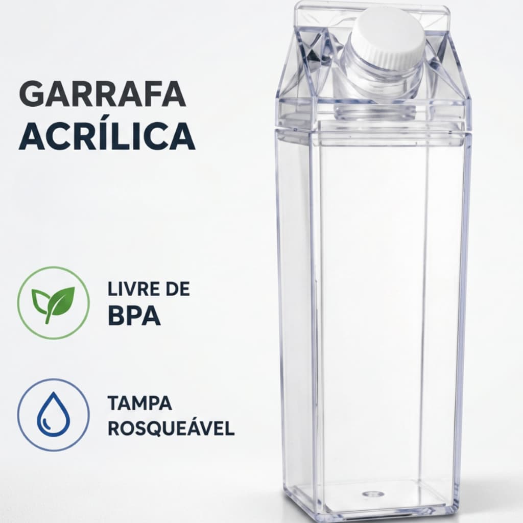 Garrafa Caixa de Leite Acrílico 500ml 1L Transparente com Tampa Rosqueável Garrafa para Água, Leite, Suco para Geladeira