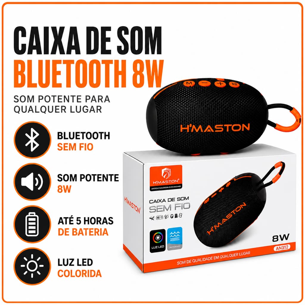 Caixa de Som Bluetooth H'Maston AM57 8W TWS Portátil, LED RGB, USB Tipo‑C, Slot Cartão TF, som estéreo com graves.