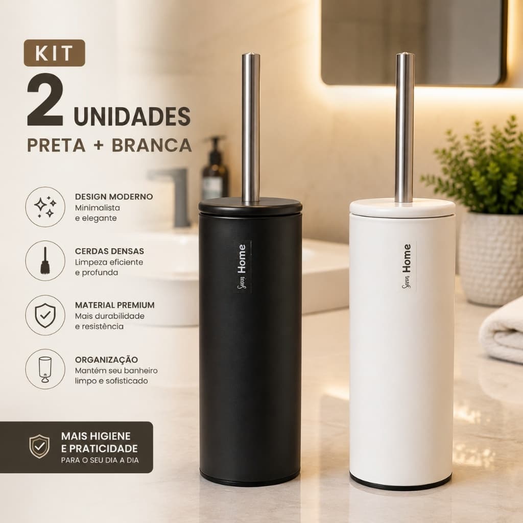 Kit 2 Escovas Sanitárias com Suporte Preta e Branca - Escova Vaso Sanitário Cerdas Densas Cabo Inox