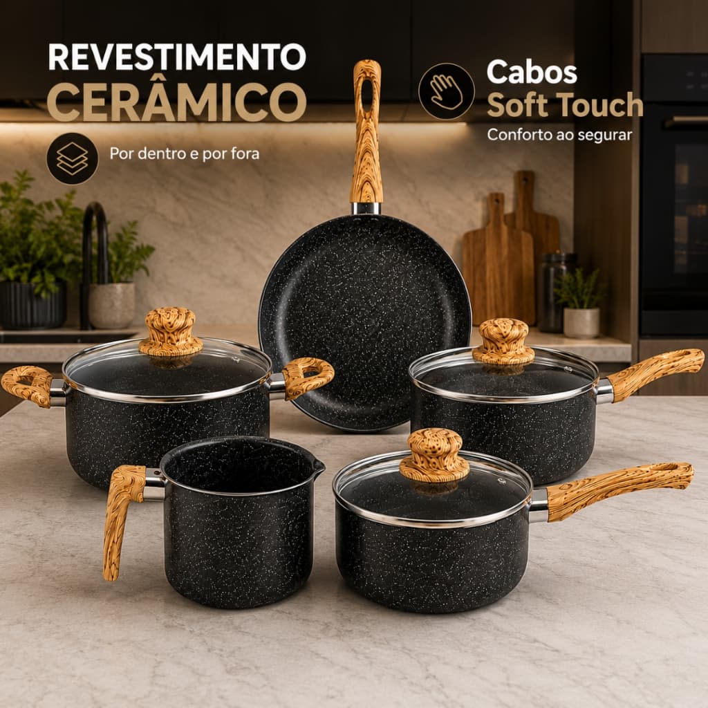 Jogo de Panelas Cerâmica 5 Peças Antiaderente Indução e Gás Cooktop Tampa de Vidro Cabo Soft Touch Não Gruda Cozinha