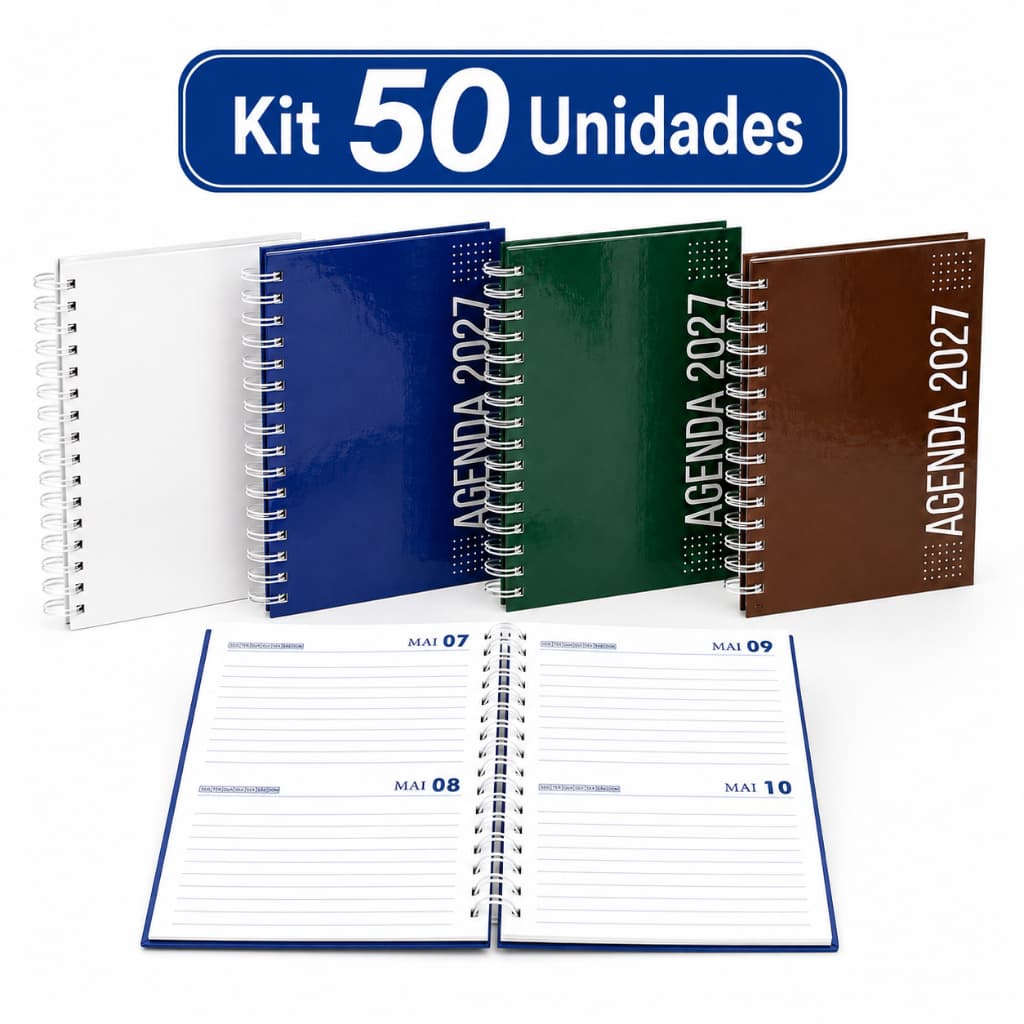 Kit 50 Agendas 2027 Capa Dura A5 Comercial Miolo Permanente Wire-o com 120 Folhas