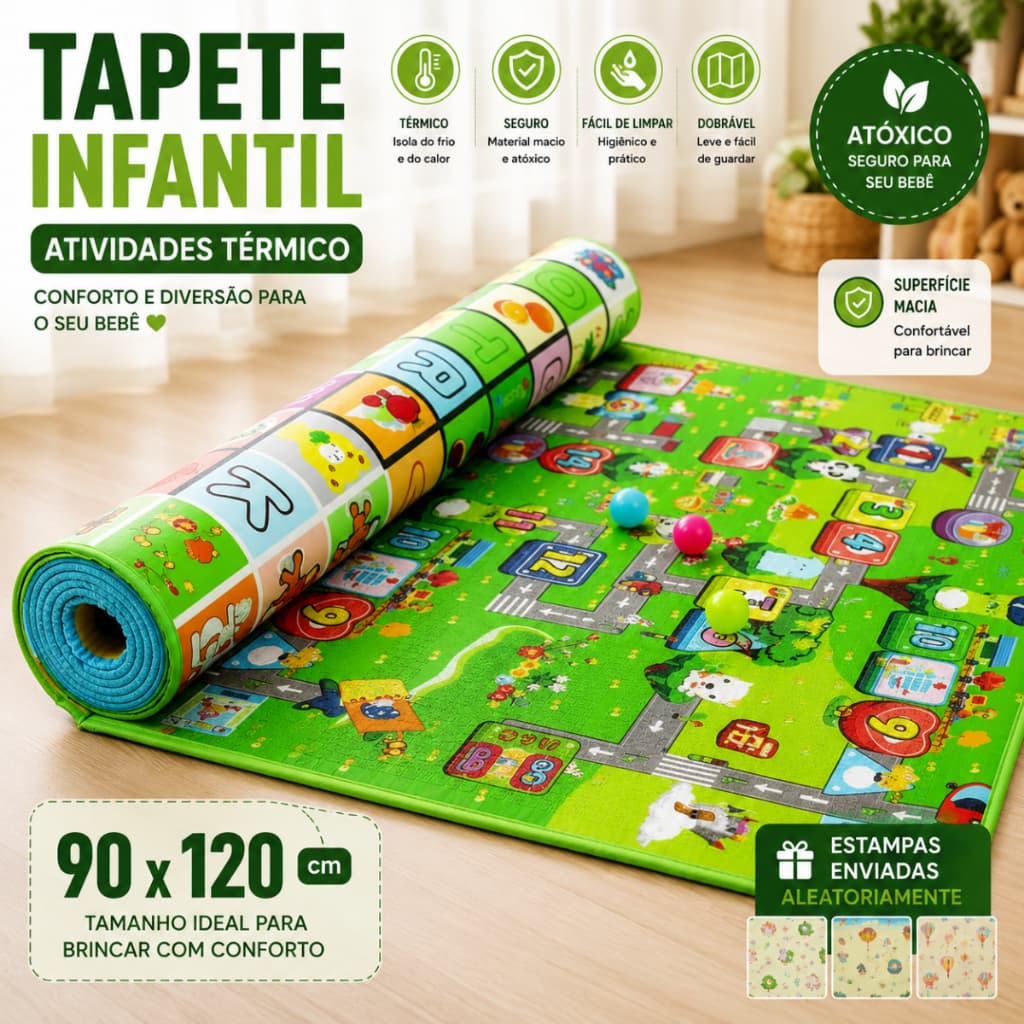 Tapete Infantil Bebê Térmico Atividades 90x120cm Dobrável para Brincar