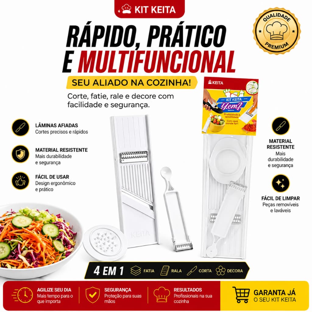 Kit Ralador Cortador de Legumes 4 em 1 Keita Ralador Descascador Fatiador Aço Inox Multiuso