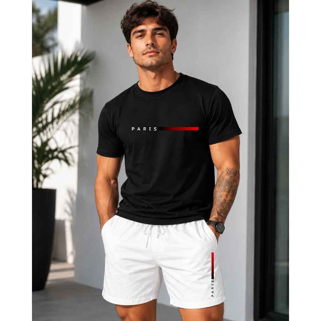 Conjunto Masculino Camiseta + Short Tactel Conjunto Masculino Paris Camiseta 100% Algodão + Short Tactel