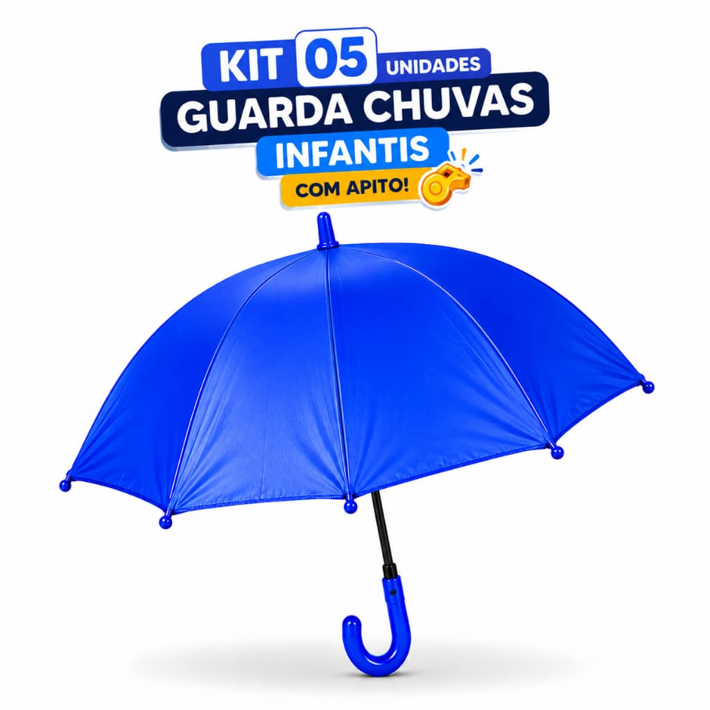 Kit com 5 Guarda-Chuvas Infantis com Apito –  Reforçado, Colorido e Resistente
