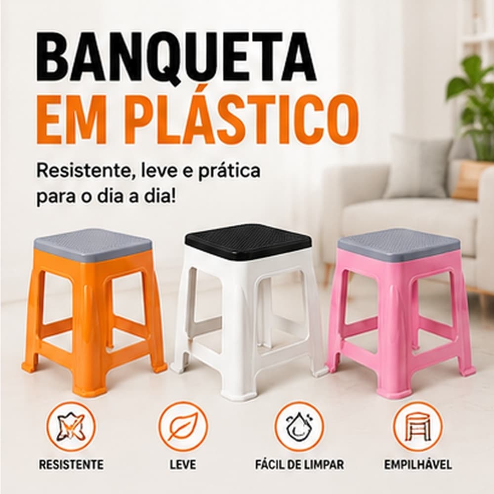 Banqueta Alta de Plástico Reforçado Compacta Leve e Fácil de Limpar