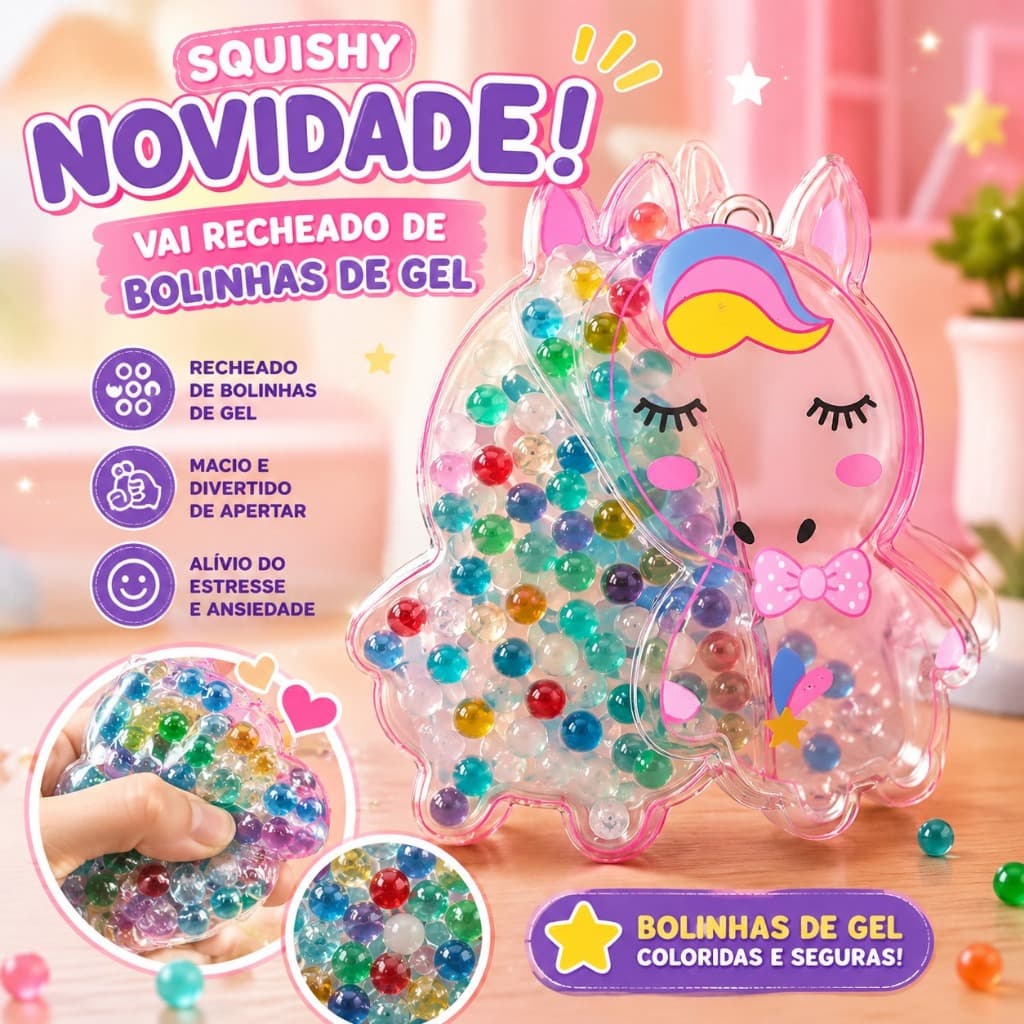 Brinquedo Squishy Recheado de Bolinhas de Gel Antiestress Apertar Unicórnio Ursinho Macio Divertido
