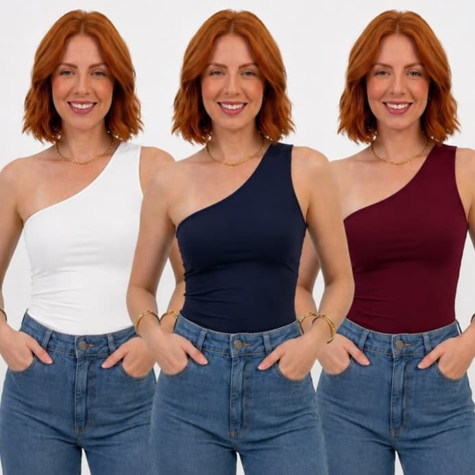 Kit 3 Blusas Femininas Ombro Único Suplex Premium Regata Assimétrica Elegante
