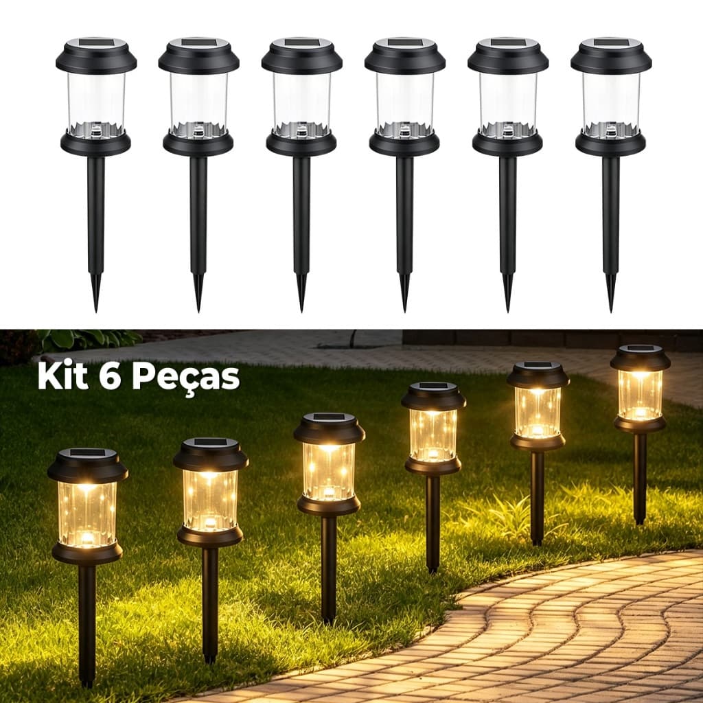 Kit 6 Luminárias Solares Led Para Jardim Luz Quente