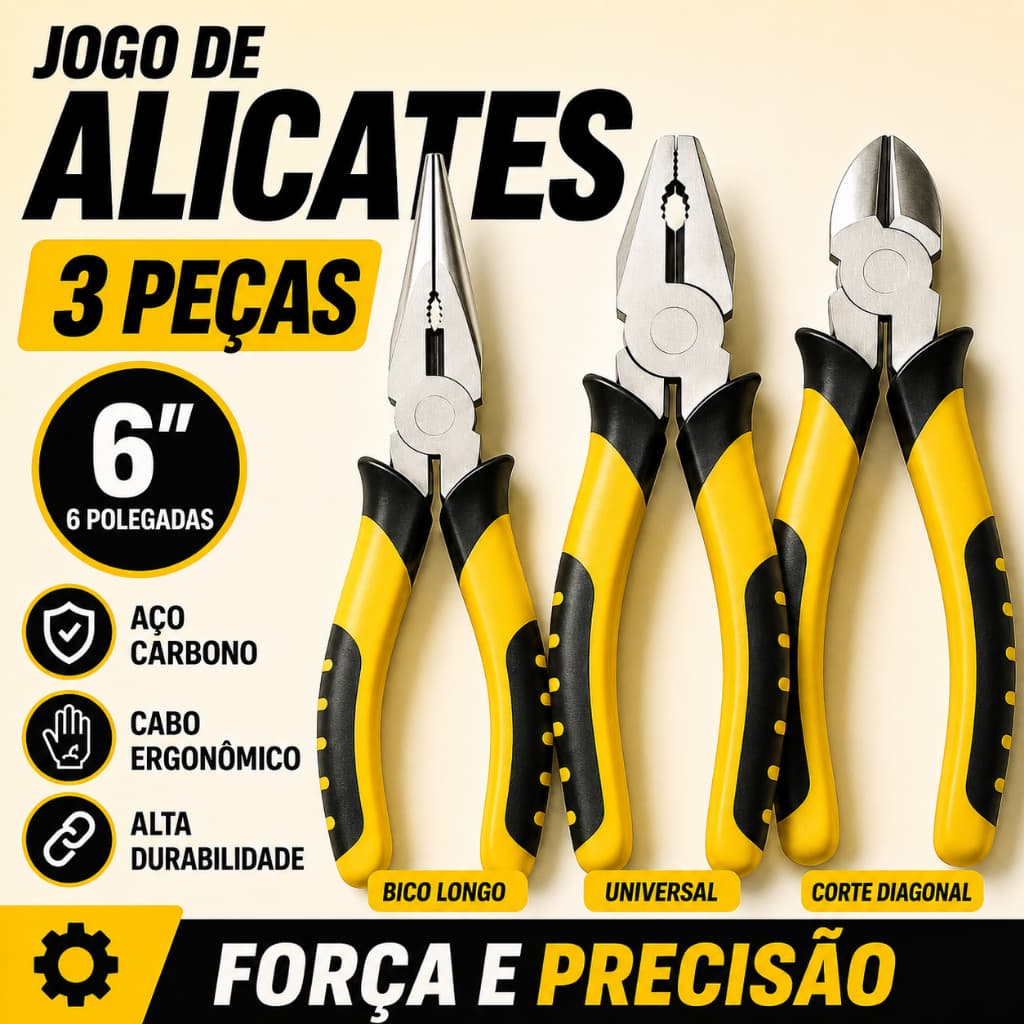 Jogo de alicates 3 pecas Ferramentas em Aço 6 Polegadas Universal Bico Longo Corte Aço Carbono Profissional Uso Geral
