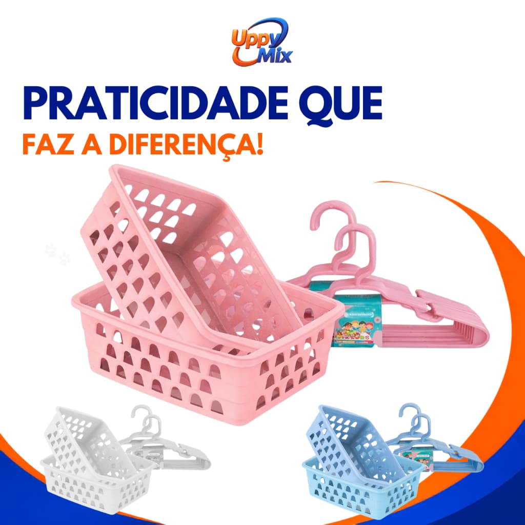 Kit 10 Cestinha Organizadora + 10 Cabides Infantil Cores Rosa Azul Branco