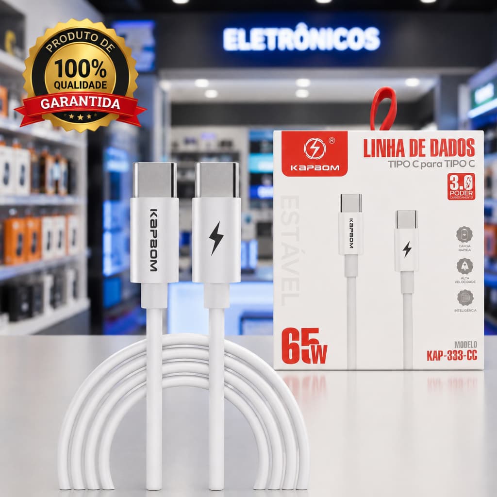 Cabo de Dados Conexão Tipo-C / Tipo-C  65W Cabo 1 Metro Kapbom KAP-333-CC
