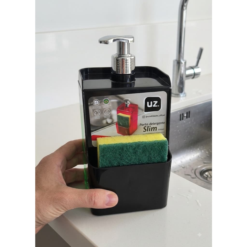 Porta Detergente Slim 500ml Uz com Suporte para Esponja - Organize sua Pia. Brinde:  01 Rodo de pia!